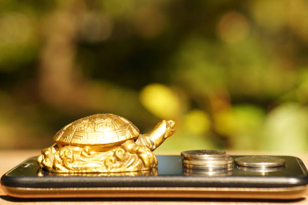A metal turtle with coins on a mobile phone.