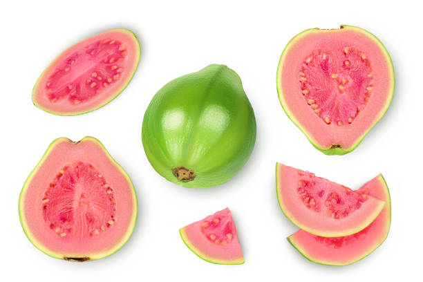 istock Guava fruit with slices isolated on white background. Top view. Flat lay 1356172974