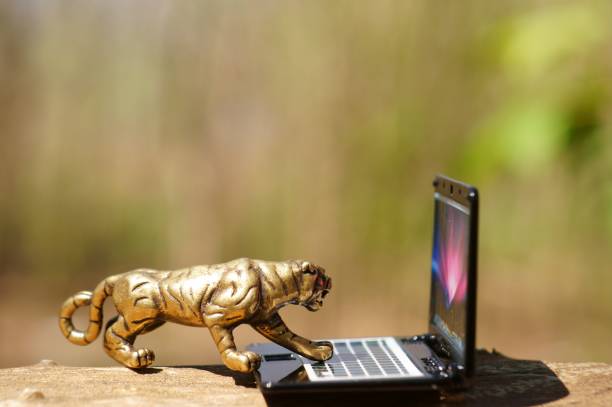 istock Metal tiger figurine with a laptop close-up. 1356173348