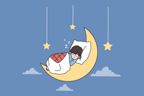 ilustrações, clipart, desenhos animados e ícones de bom sono e doce conceito de sonhos - sleeping child cartoon bed