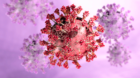 Variante del virus, coronavirus, proteína espiga. Ómicron. Covid-19 visto bajo el microscopio photo