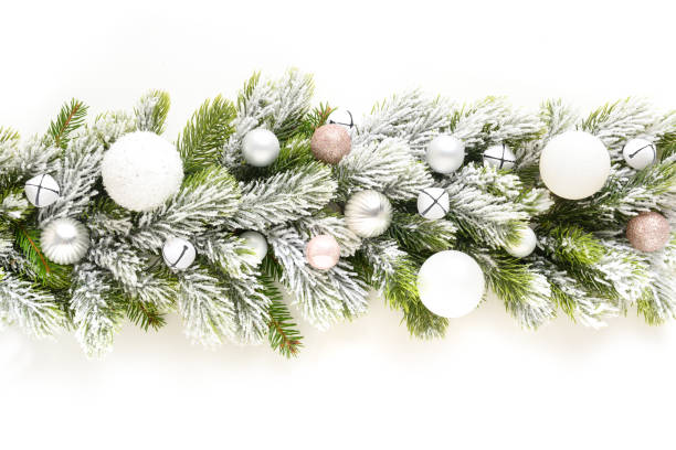 istock Christmas banner with white baubles in row on snowy evergreen branches. 1356173749