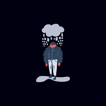 Rainy weather. Man walking outdoor under a rainy cloud. Concept of anxiety disorders, mental illness, stress and depression.