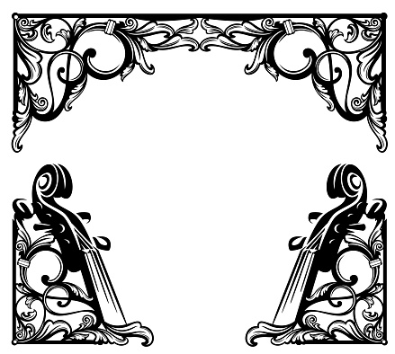 antique style calligraphic floral ornament forming copy space frame for classical music design -  black and white vintage vector decorative background with page border and corners decorated with violin neck