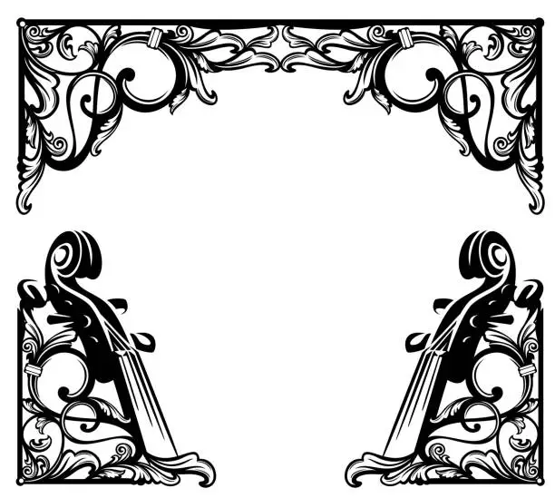 Vector illustration of antique flourish elements and violin necks forming black and white vintage frame design for classical music event