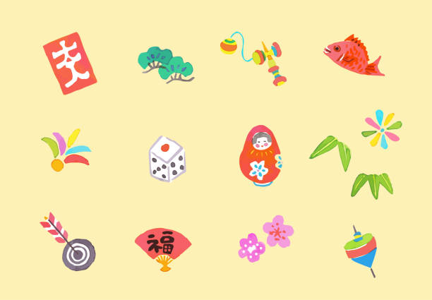 Illustration set of various traditional Japanese lucky charms Tradition, luck, lucky items, Japanese culture, celebrations, amulets, New Year kendama traditional japanese toy stock illustrations