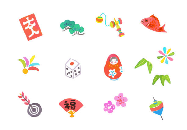 Illustration set of various traditional Japanese lucky charms Tradition, luck, lucky items, Japanese culture, celebrations, amulets, New Year kendama traditional japanese toy stock illustrations
