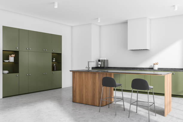 istock Corner view of modern white and green kitchen 1356175612