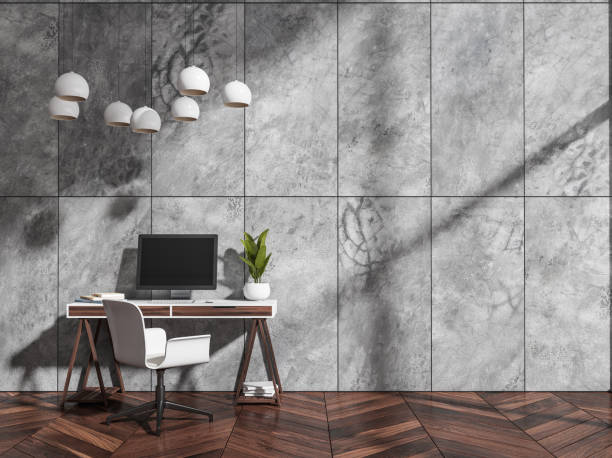 istock Business room interior with table and computer on parquet floor. Copy space 1356175679