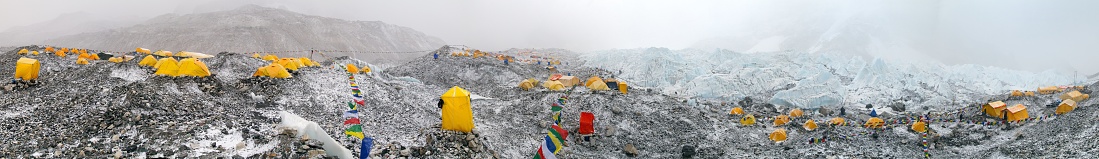 Mount Everest base camp, tents and prayer flags, Nepal Himalayas mountains