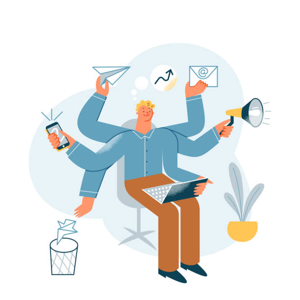 Busy businessman with multi task skills, office worker with phone, email and laptop Busy businessman with multi task skills vector illustration. Cartoon workaholic office worker with phone, email, megaphone and laptop in arms. Inspiration, effective multitasking employee concept man doing household chores stock illustrations