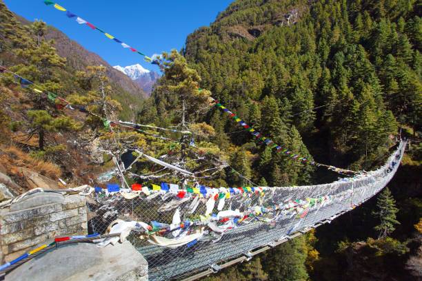 pont suspendu en corde avec drapeaux de prière - namche bazaar photos et images de collection