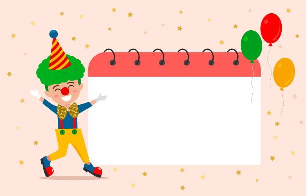 ÐÐ¾Ð±Ð¸Ð»ÑÐ½Ð¾Ðµ ÑÑÑÑÐ¾Ð¹ÑÑÐ²Ð¾ child in a clown costume on the background of the sheet from the calendar. kids party invitation design, birthday, christmas. vector illustration isolated april fools day calendar stock illustrations
