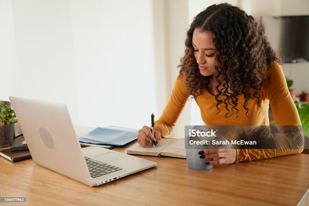 Multi-cultural female making notes in notepad. Young professional remote working with laptop in modern apartment Multi-cultural female making notes in notepad. Young professional remote working with laptop in apartment. Efficiency Stock Photo
