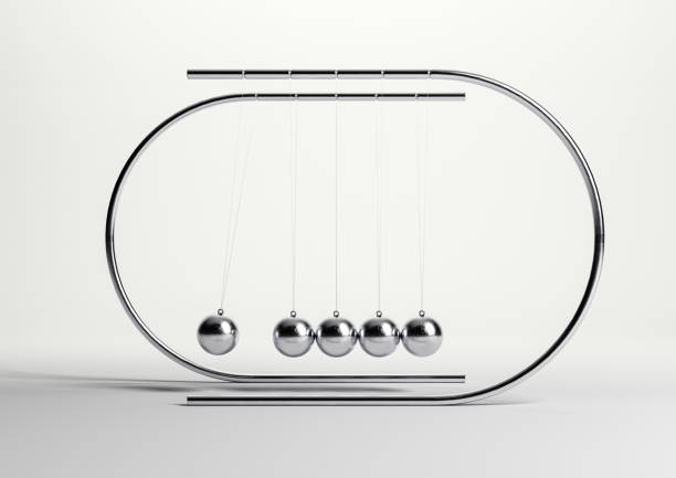 Newtons Cradle A stylized newtons cradle with balls in motion suspended from a semi circular arch framework - 3D render perpetual motion stock pictures, royalty-free photos & images