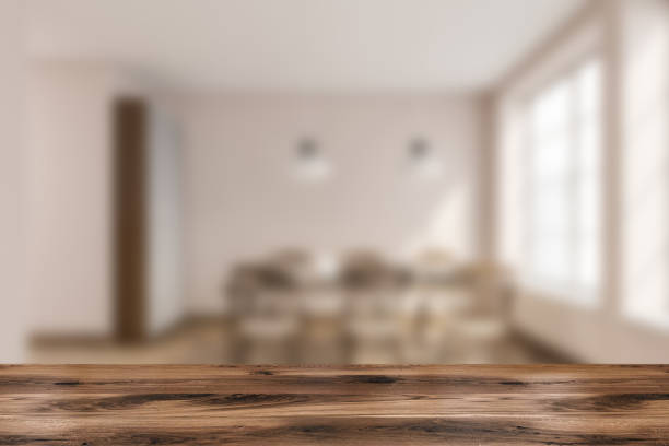 istock Light dining room interior with furniture blurred, mockup 1356178237