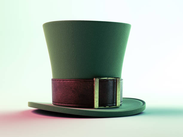 Green Leprechaun Hat A green material leprechaun hat with a brown leather band with a gold buckle on an isolated background - 3D render leprechaun hat stock pictures, royalty-free photos & images
