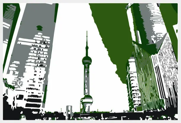 Vector illustration of Vector art engraving effects ShangHai city buildings illustration background