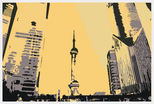 Vector illustration of Vector art engraving effects ShangHai city buildings illustration background