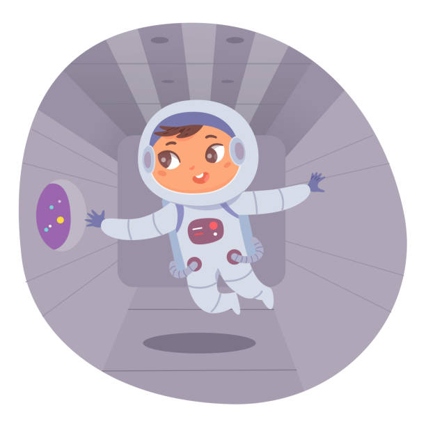 ilustrações de stock, clip art, desenhos animados e ícones de kid astronaut inside space shuttle flying in zero gravity, spacewalk of baby cosmonaut - astronaut space zero gravity spacewalk
