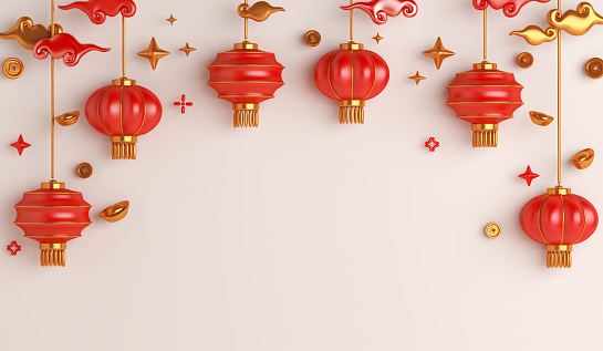Chinese new year background 2022 with lantern, Yuan Bao Chinese gold sycee and coin, copy space text, 3d rendering illustration