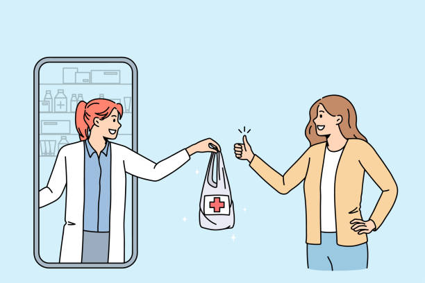 Woman client order medicines from online pharmacy Happy woman client order medication at online pharmacy from doctor. Smiling female customer buy drugs medicines on internet using smartphone web application. Healthcare. Flat vector illustration. pharmacy store stock illustrations