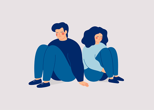 Sad man and woman sit back to back and no speak. Couple on the brink of divorce. Friends quarrel and misunderstand. Relationship break up and family crisis concept. Vector illustration