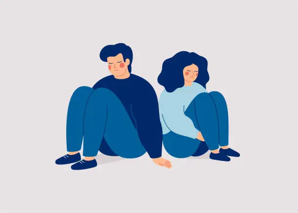 Vector illustration of Sad man and woman sit back to back and no speak. Couple on the brink of divorce. Friends quarrel and misunderstand.