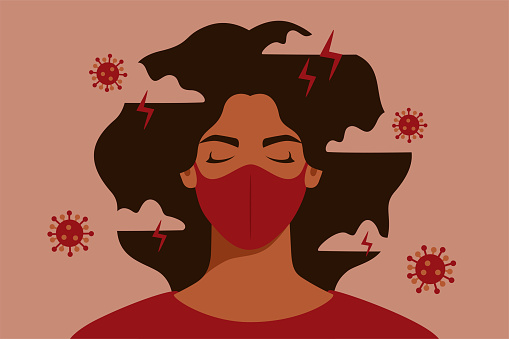 African American woman feels anxiety and emotional stress. Depressed black girl with gloomy thoughts surrounded virus breathes through a protective mask.