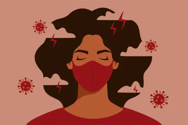 Vector illustration of African American woman feels anxiety and emotional stress. Depressed black girl with gloomy thoughts surrounded virus breathes through a protective mask.