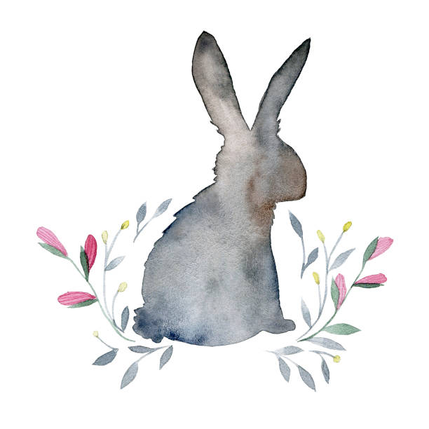 bildbanksillustrationer, clip art samt tecknat material och ikoner med watercolor drawing of hare, rabbit and spring flowers and leaves. silhouette of an easter bunny with roch flower buds and leaves. boho style, nature. - easter vintage