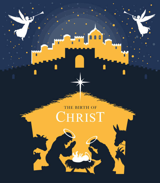 ilustraciones, imágenes clip art, dibujos animados e iconos de stock de noche santa. ¡el nacimiento de cristo! - star of bethlehem