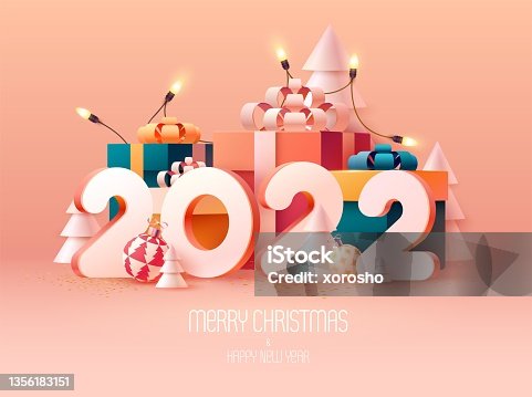 istock Gift boxes with gold ribbon and christmas decoration on black background. New year greeting card design. 1356183151