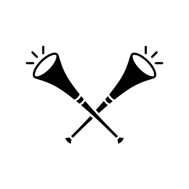 Two crossed vuvuzelas, silhouette icon. Symbol of cheer on team Two crossed vuvuzelas, silhouette icon. Symbol of cheer on team. Black vector of sport trumpet. Contour isolated pictogram on white background vuvuzela stock illustrations