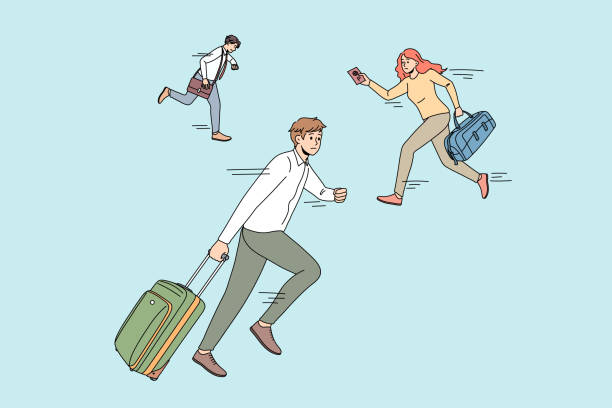 ilustrações, clipart, desenhos animados e ícones de pessoas ansiosas correm com bagagem sem perder avião - tourist running travel people traveling