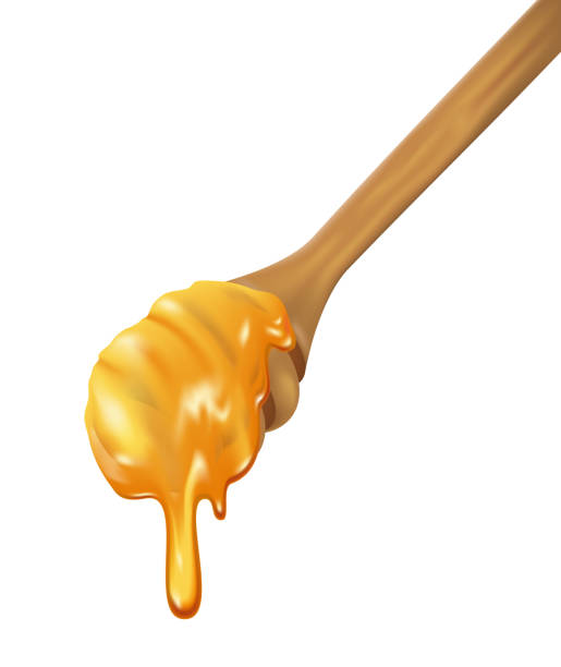illustrazioni stock, clip art, cartoni animati e icone di tendenza di tuffo in legno con miele fluente su sfondo bianco, illustrazione vettoriale realistica - honey dipper