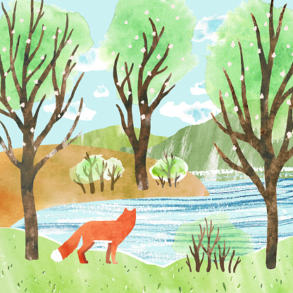 Nature watercolor vector landscape with fox, river, trees and mountains. Spring hand draw vector Illustration for postcard, poster, banner.
