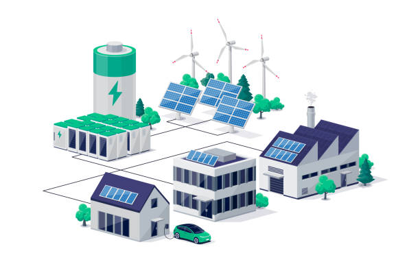 Power renewabale energy electricity scheme with solar buildings Smart grid virtual battery energy storage network with house office factory buildings, solar panel plant, wind and li-ion electricity backup. Electric car charging on renewable power supply system. battery illustrations stock illustrations