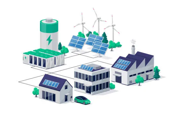 Vector illustration of Power renewabale energy electricity scheme with solar buildings