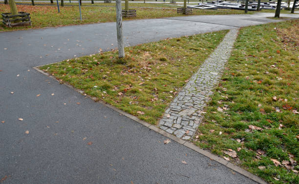 istock abbreviation of rectangularly connected park paths. so that people walking in the shortest possible way do not damage the lawn and do not form mud, they have a narrow path newly paved 1356189911