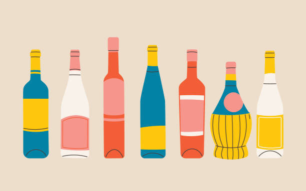 와인의 벡터 플랫 병세트. 제목이 없는 레이블입니다. 바 또는 레스토랑 메뉴 디자인에 대한 그림입니다. 파란색, 노란색, 빨간색, 흰색. - wine bottle wineglass wine bottle stock illustrations