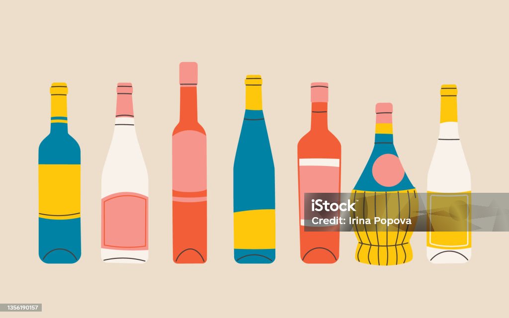 Set of vector flat bottles of wine. Labels without titles. Illustration for bar or restaurant menu design. Blue, yellow, red, white. - Royalty-free Garrafa de Vinho arte vetorial