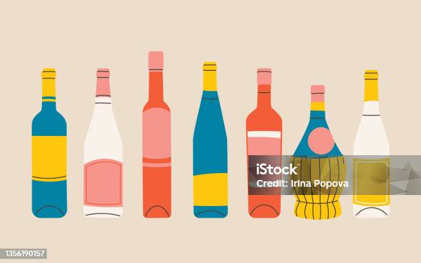 Set Of Vector Flat Bottles Of Wine Labels Without Titles Illustration For Bar Or Restaurant Menu Design Blue Yellow Red White - Arte vetorial de stock e mais imagens de Garrafa de Vinho