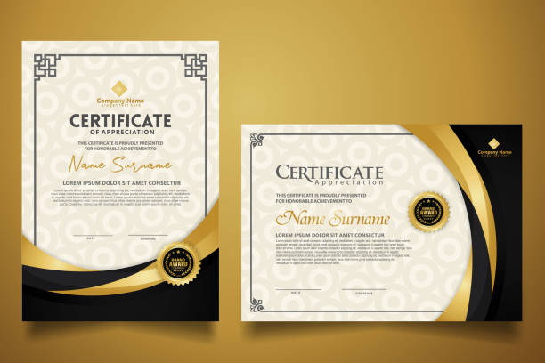 certificate template with classic frame and modern pattern, diploma, vector illustration certificate template with design classic frame combine modern pattern, diploma, vector illustration certificate templates stock illustrations