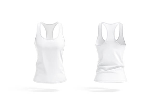 blank white women racerback tanktop mockup, front and back view - halter top imagens e fotografias de stock