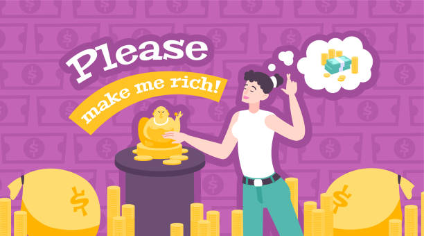 Hotei Money Rich Composition Hotei symbol money flat composition with editable text and golden items with woman dreaming of wealth vector illustration hotei the god of happiness stock illustrations
