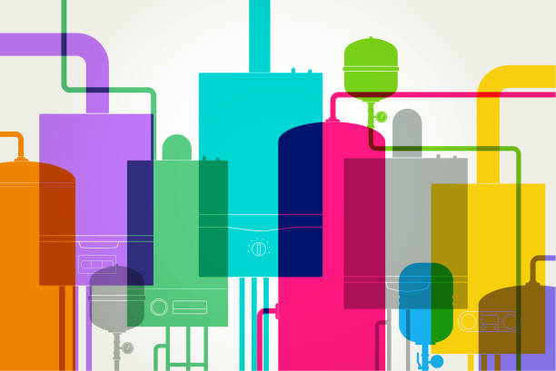 Heating System. Gas boiler, Heating Boiler, Gas Central Heating, Colourful overlapping silhouettes of Gas Heating System. Gas Central System, Boiler, Heating Boiler, Gas Boiler, Mega flow system, electric heater stock illustrations
