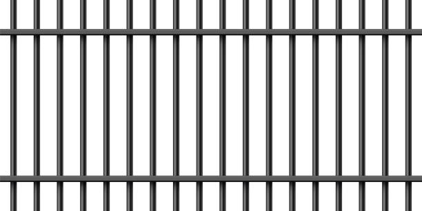 istock Black realistic metal prison bars isolated on white background. Detailed jail cage, prison iron fence. Criminal background mockup. Creative vector illustration 1356196189