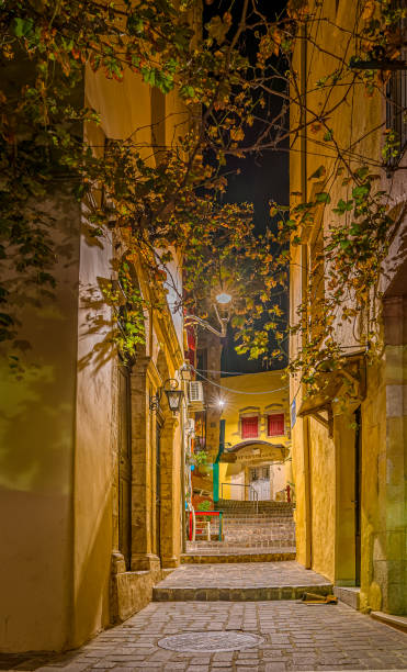 the romantic stairs of the Zampeliou alley in the old town of Chania, lit by a lantern above the foliage stock photo