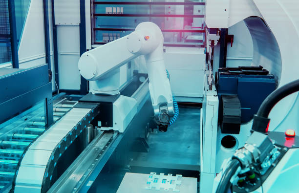 istock Automatic industrial robotic robot working, industry 4.0 and technology concept 1356196310